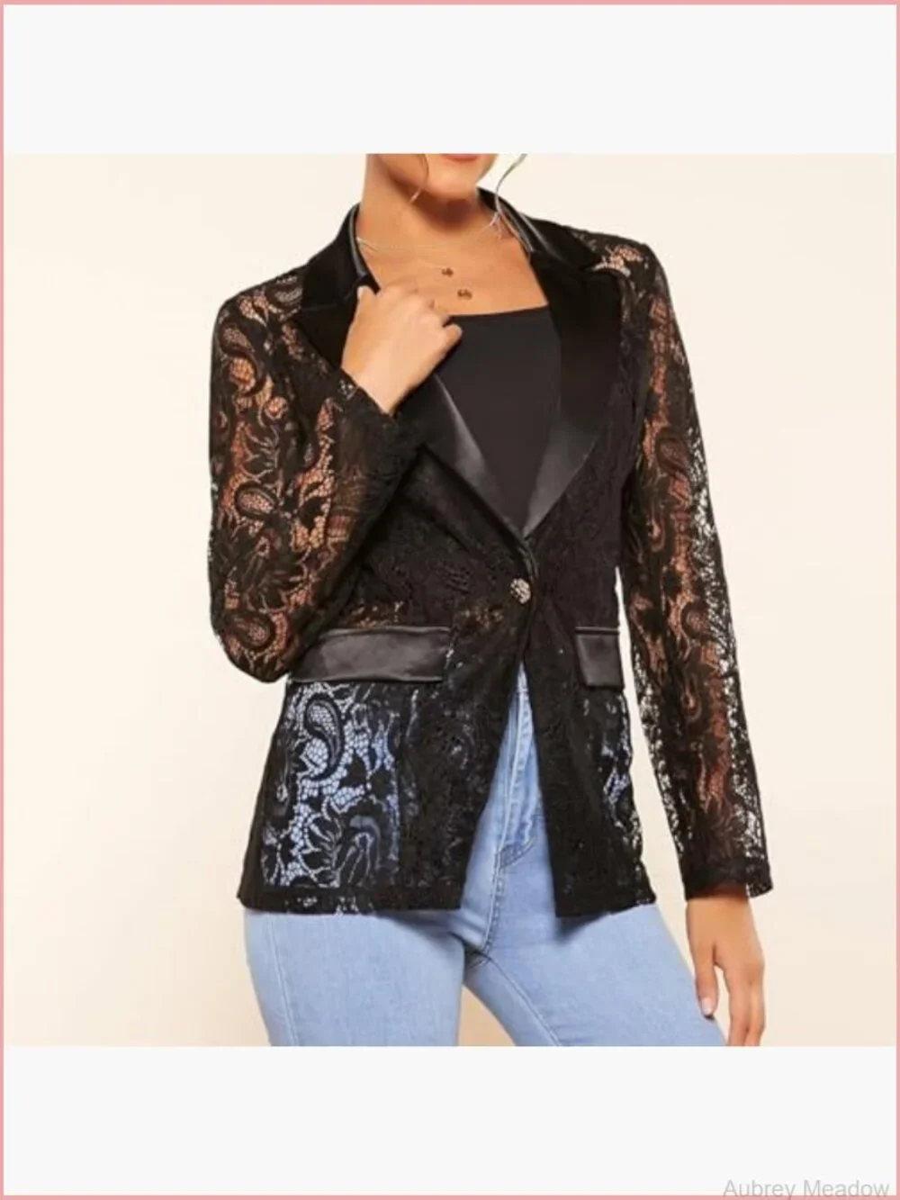 Floral Lace Blazer Single Button Lapel Neck Sheer Mesh Jacket